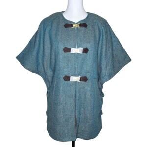 Soft Surroundings Hampstead Tweed Wool Herringbone Cape Toggle Teal Coat Size M
